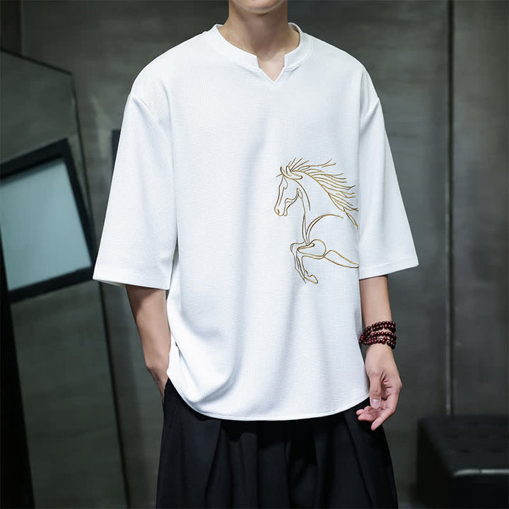 Buddha Stones Summer Casual Minimalist Embroidery Horse Cotton Men's Short Sleeve T-Shirts - image 1