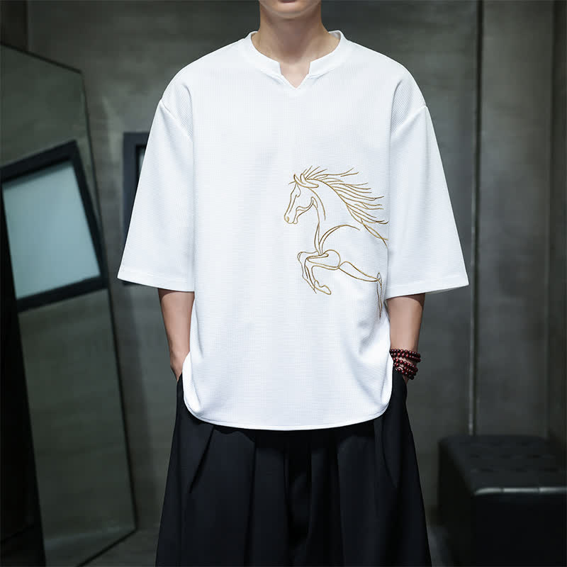 Buddha Stones Summer Casual Minimalist Embroidery Horse Cotton Men's Short Sleeve T-Shirts - White - US/UK/AU46，EU56 (5XL) - image 0