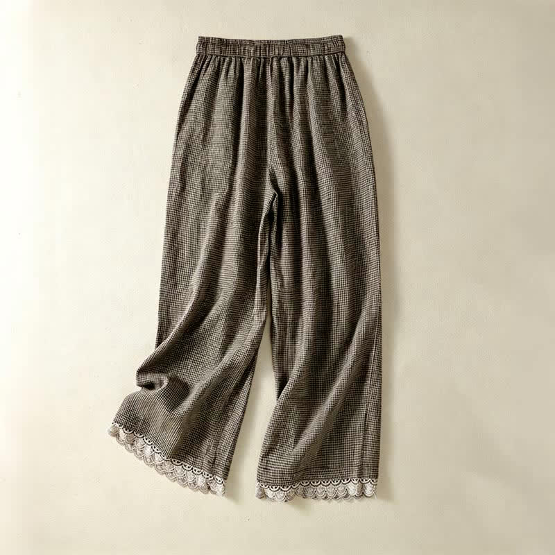 Buddha Stones Summer Casual Drawstring Plaid Linen Ankle Pants Women's Wide Leg Pants With Pocket - image 1