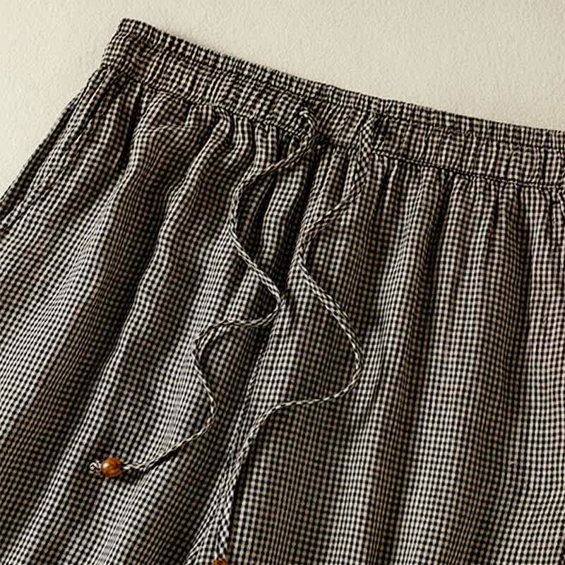 Buddha Stones Summer Casual Drawstring Plaid Linen Ankle Pants Women's Wide Leg Pants With Pocket - image 3