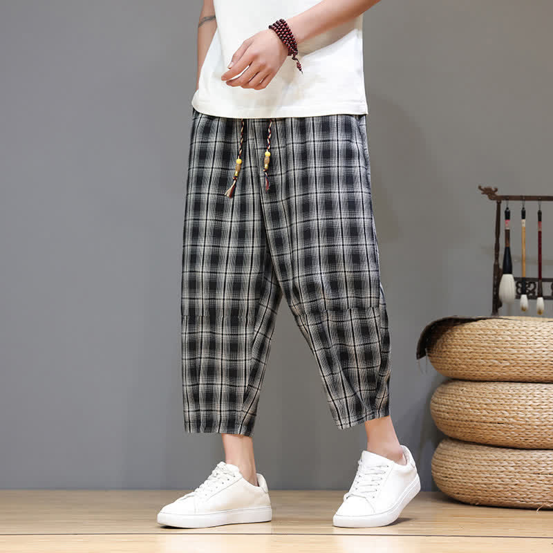 Buddha Stones Summer Casual Drawstring Plaid Capri Pants Men's Harem Pants With Pockets - Black - US/UK/AU46, EU56 (5XL) - image 8