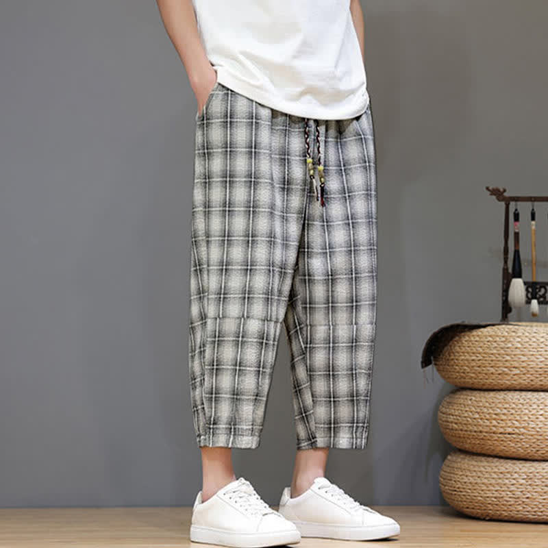 Buddha Stones Summer Casual Drawstring Plaid Capri Pants Men's Harem Pants With Pockets - image 21