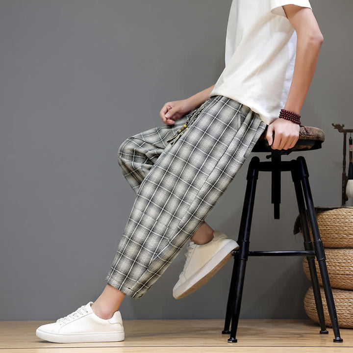 Buddha Stones Summer Casual Drawstring Plaid Capri Pants Men's Harem Pants With Pockets - image 27