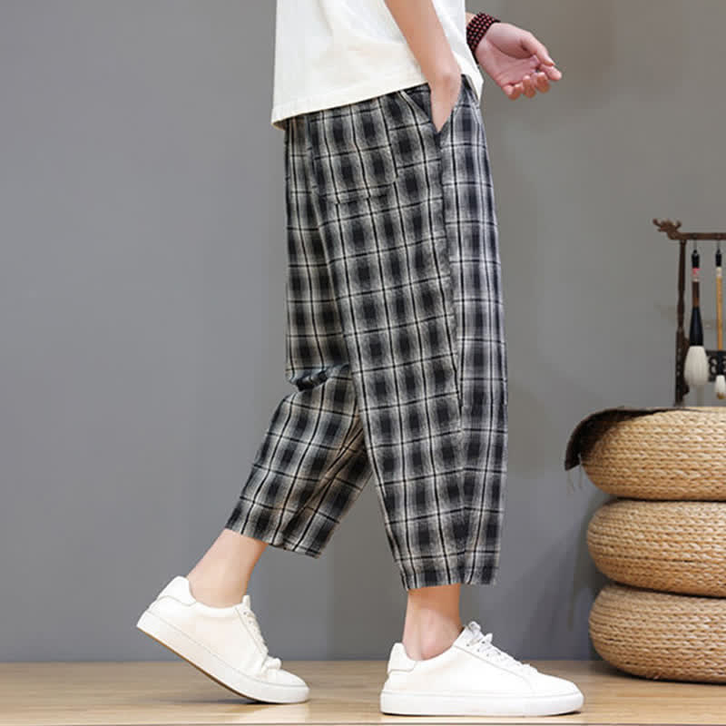 Buddha Stones Summer Casual Drawstring Plaid Capri Pants Men's Harem Pants With Pockets - image 13