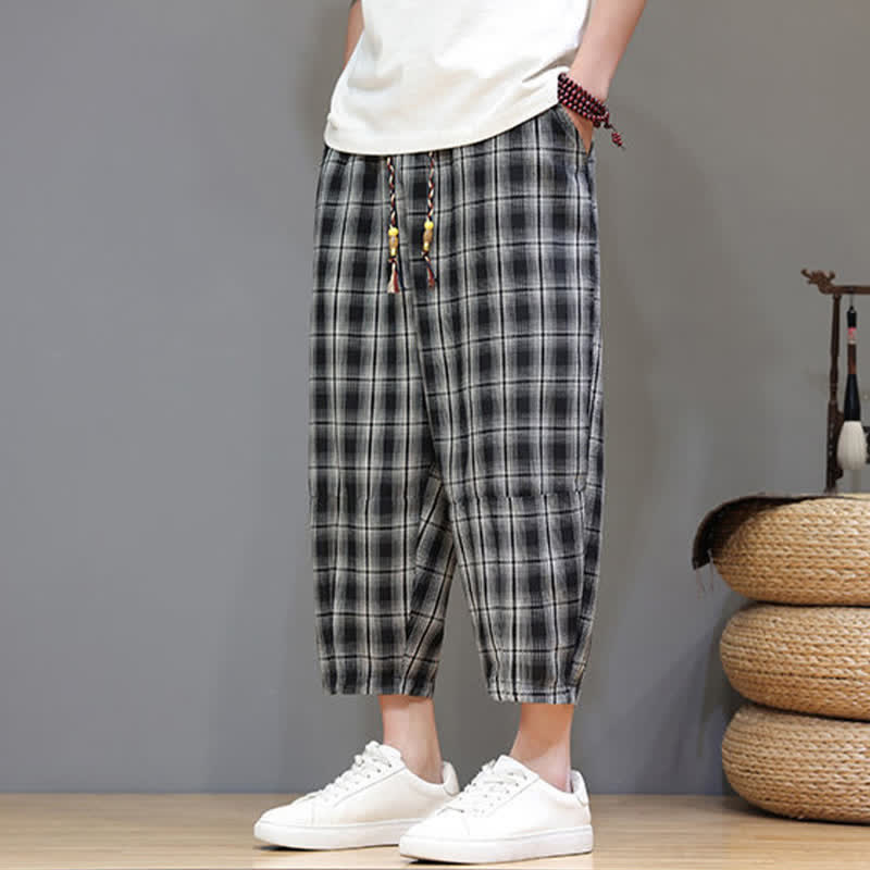 Buddha Stones Summer Casual Drawstring Plaid Capri Pants Men's Harem Pants With Pockets - image 11