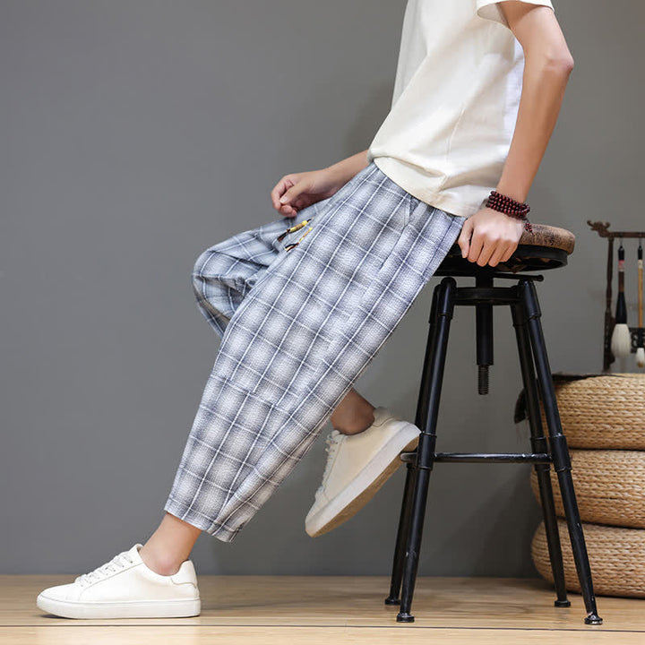 Buddha Stones Summer Casual Drawstring Plaid Capri Pants Men's Harem Pants With Pockets - image 7