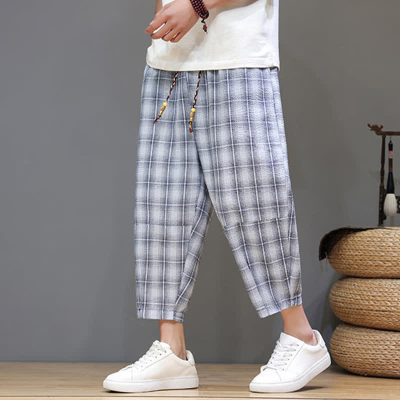 Buddha Stones Summer Casual Drawstring Plaid Capri Pants Men's Harem Pants With Pockets - image 5