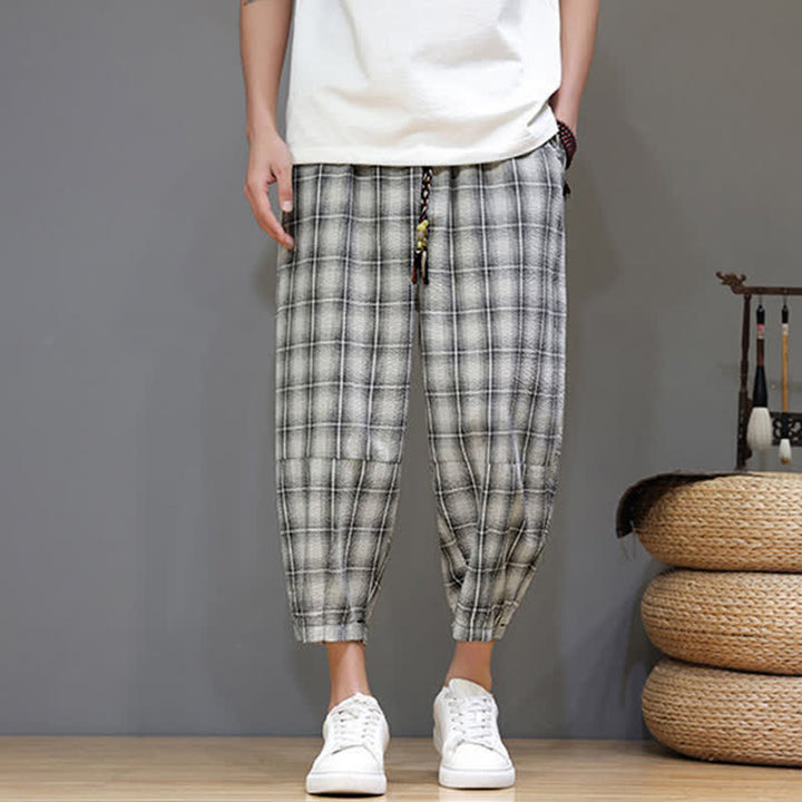 Buddha Stones Summer Casual Drawstring Plaid Capri Pants Men's Harem Pants With Pockets - image 22