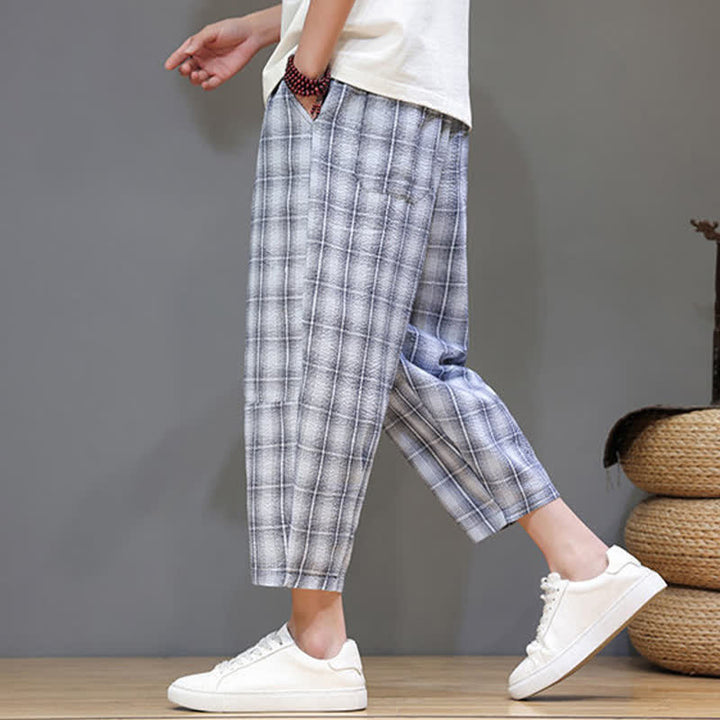 Buddha Stones Summer Casual Drawstring Plaid Capri Pants Men's Harem Pants With Pockets - image 4