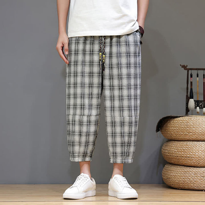Buddha Stones Summer Casual Drawstring Plaid Capri Pants Men's Harem Pants With Pockets - image 24