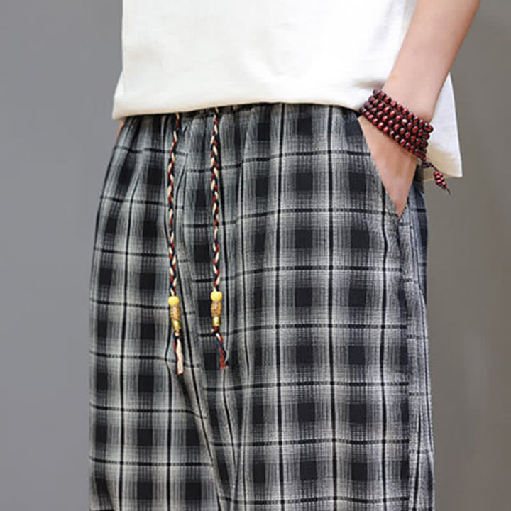 Buddha Stones Summer Casual Drawstring Plaid Capri Pants Men's Harem Pants With Pockets - image 16
