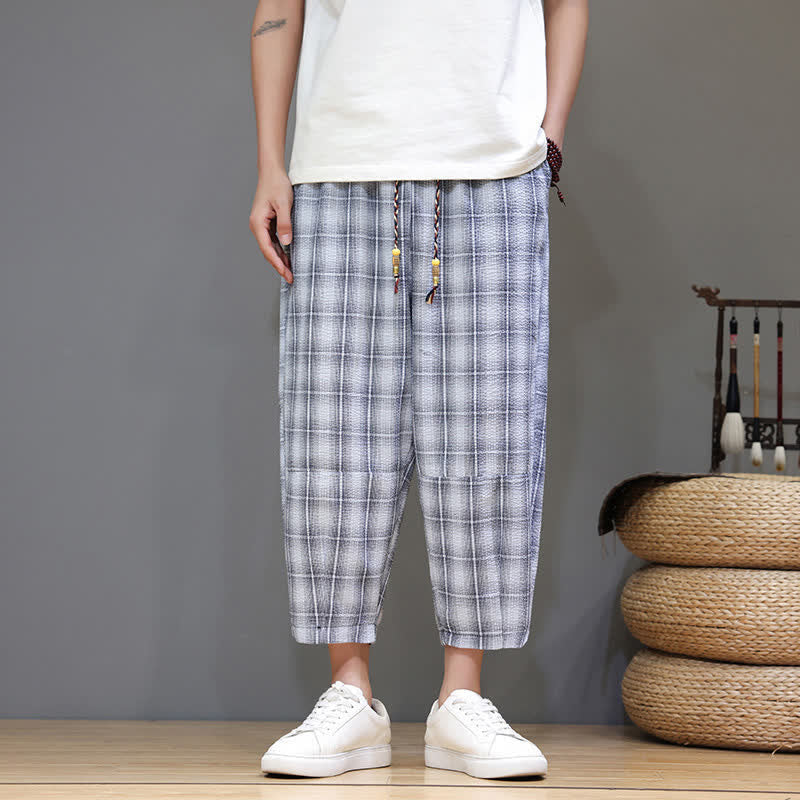 Buddha Stones Summer Casual Drawstring Plaid Capri Pants Men's Harem Pants With Pockets - LightSteelBlue - US/UK/AU46, EU56 (5XL) - image 0