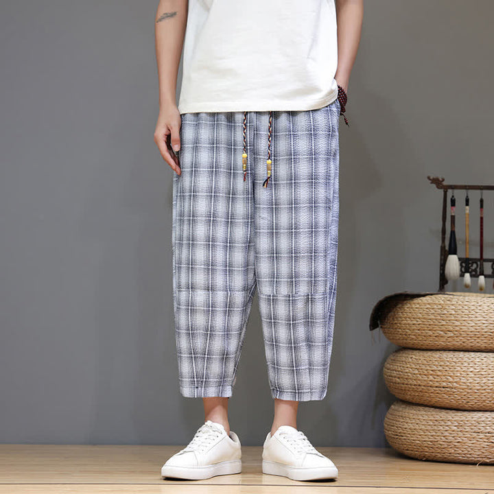 Buddha Stones Summer Casual Drawstring Plaid Capri Pants Men's Harem Pants With Pockets - LightSteelBlue - US/UK/AU46, EU56 (5XL) - image 0