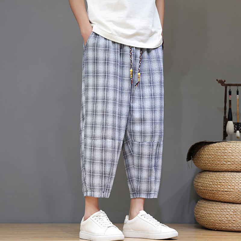 Buddha Stones Summer Casual Drawstring Plaid Capri Pants Men's Harem Pants With Pockets - image 1