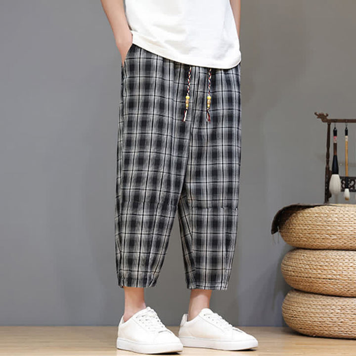 Buddha Stones Summer Casual Drawstring Plaid Capri Pants Men's Harem Pants With Pockets - image 9