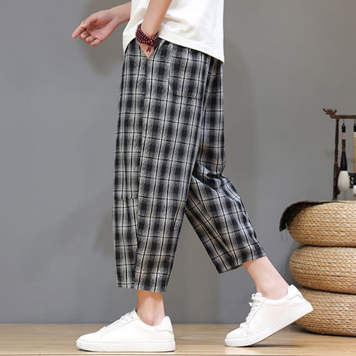 Buddha Stones Summer Casual Drawstring Plaid Capri Pants Men's Harem Pants With Pockets - image 14