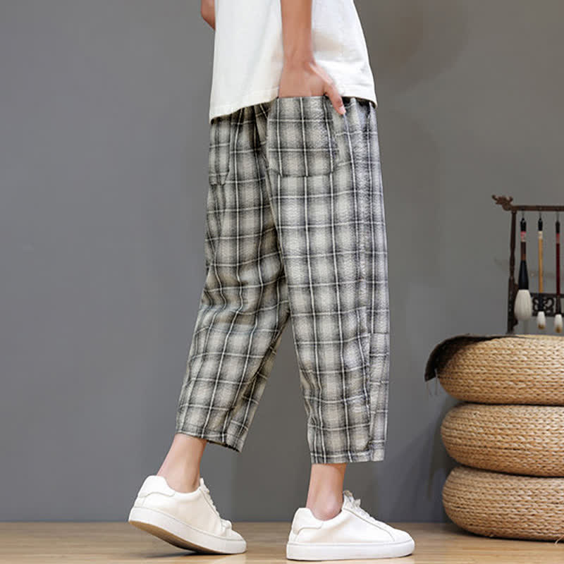 Buddha Stones Summer Casual Drawstring Plaid Capri Pants Men's Harem Pants With Pockets - image 23