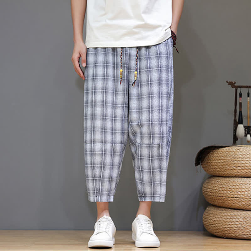 Buddha Stones Summer Casual Drawstring Plaid Capri Pants Men's Harem Pants With Pockets - image 6