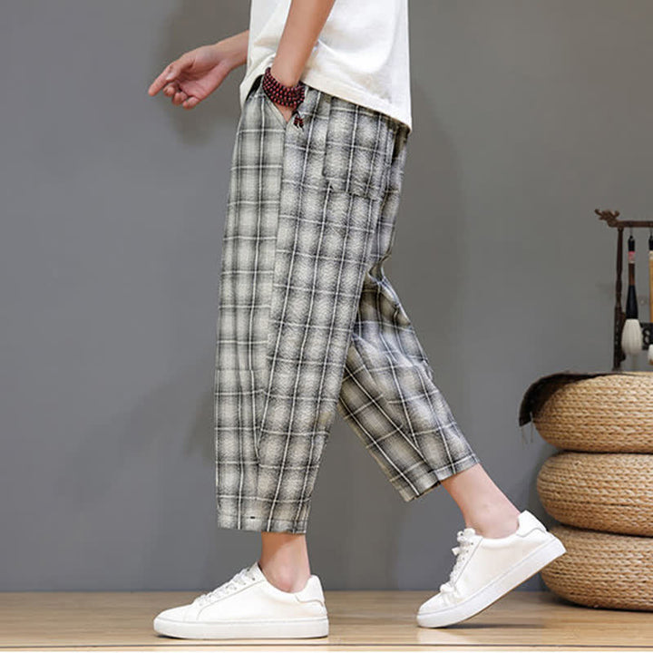 Buddha Stones Summer Casual Drawstring Plaid Capri Pants Men's Harem Pants With Pockets - image 26