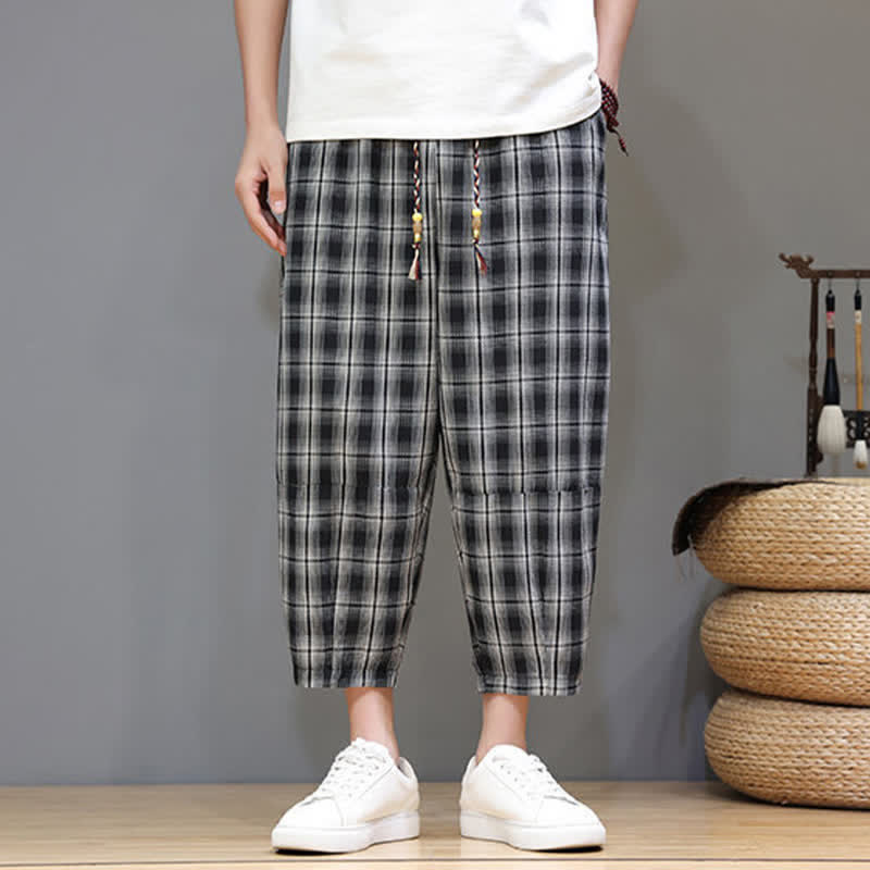 Buddha Stones Summer Casual Drawstring Plaid Capri Pants Men's Harem Pants With Pockets - image 12