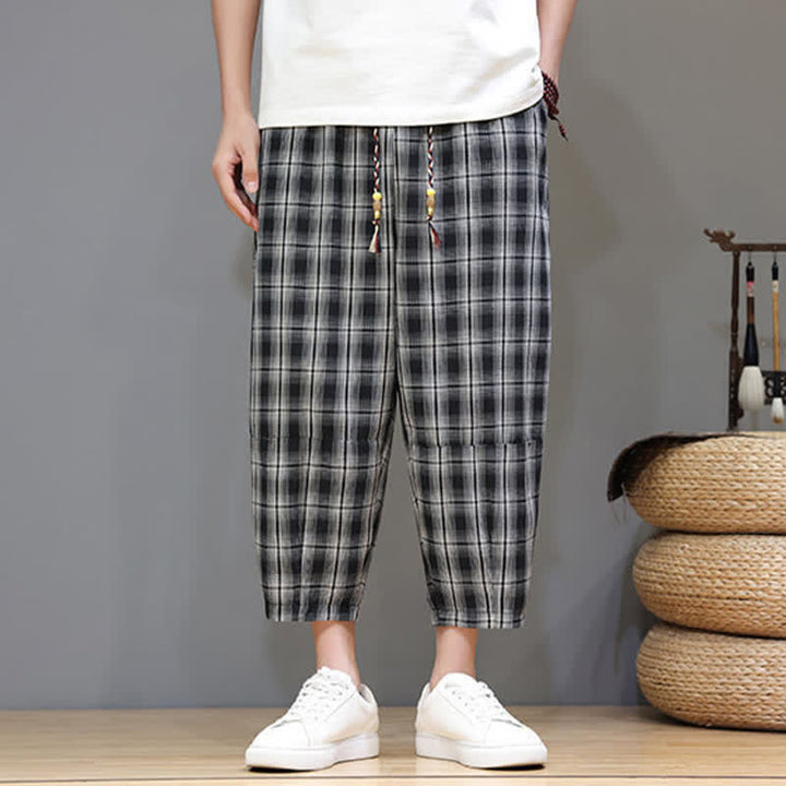 Buddha Stones Summer Casual Drawstring Plaid Capri Pants Men's Harem Pants With Pockets - image 12