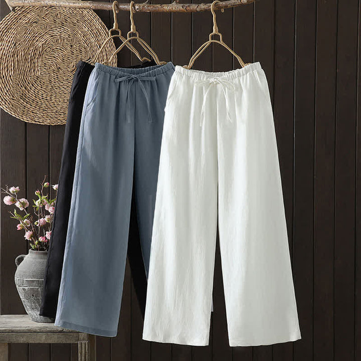 Buddha Stones Summer Casual Minimalist Drawstring Solid Cotton Linen Ankle Pants Women's Straight Leg Pants With Pocket - image 20