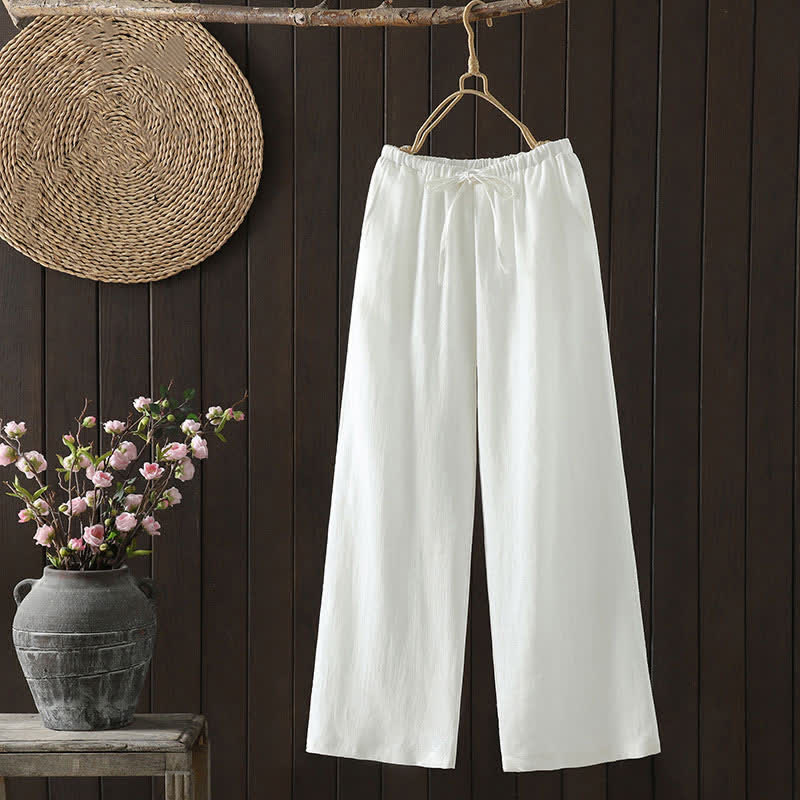Buddha Stones Summer Casual Minimalist Drawstring Solid Cotton Linen Ankle Pants Women's Straight Leg Pants With Pocket - White - US8-10, UK/AU12-14, EU40-42 (2XL) - image 5