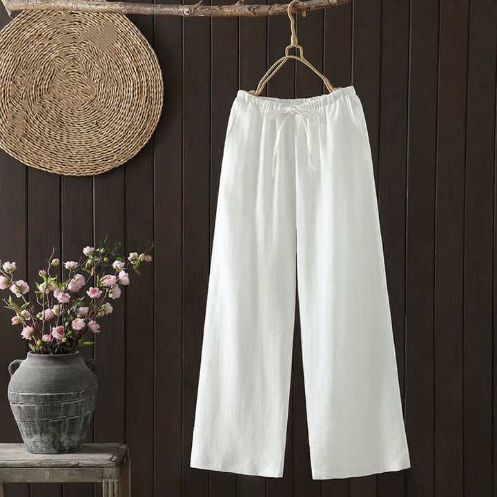 Buddha Stones Summer Casual Minimalist Drawstring Solid Cotton Linen Ankle Pants Women's Straight Leg Pants With Pocket - White - US8-10, UK/AU12-14, EU40-42 (2XL) - image 5