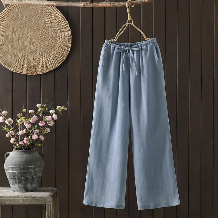 Buddha Stones Summer Casual Minimalist Drawstring Solid Cotton Linen Ankle Pants Women's Straight Leg Pants With Pocket - LightBlue - US8-10, UK/AU12-14, EU40-42 (2XL) - image 0