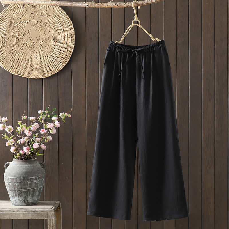 Buddha Stones Summer Casual Minimalist Drawstring Solid Cotton Linen Ankle Pants Women's Straight Leg Pants With Pocket - Black - US8-10, UK/AU12-14, EU40-42 (2XL) - image 15