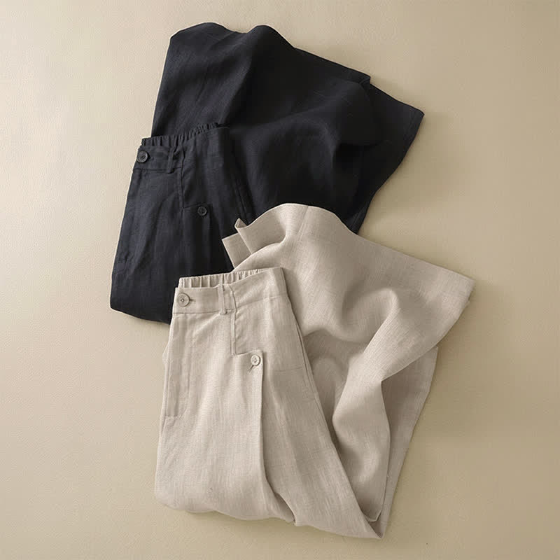 Buddha Stones Summer Casual Elegant Button-Up Solid Cotton Ramie Ankle Pants Women's Wide Leg Pants With Pocket - image 11