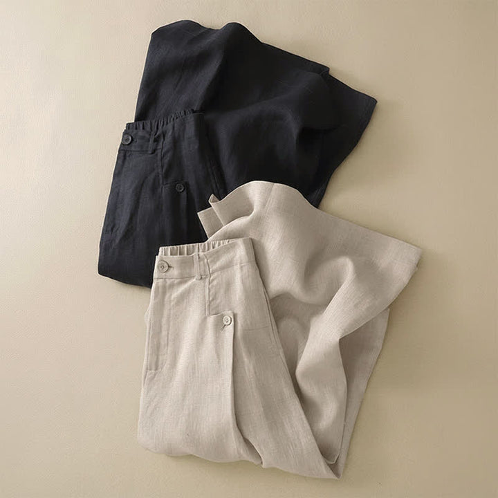 Buddha Stones Summer Casual Elegant Button-Up Solid Cotton Ramie Ankle Pants Women's Wide Leg Pants With Pocket - image 11