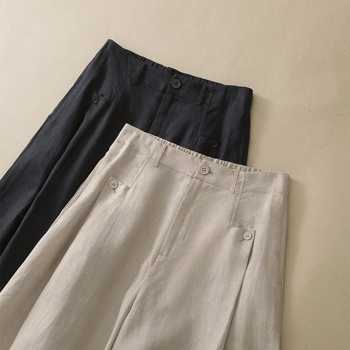 Buddha Stones Summer Casual Elegant Button-Up Solid Cotton Ramie Ankle Pants Women's Wide Leg Pants With Pocket - image 12