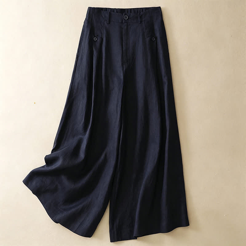 Buddha Stones Summer Casual Elegant Button-Up Solid Cotton Ramie Ankle Pants Women's Wide Leg Pants With Pocket - MidnightBlue - US8-10, UK/AU12-14, EU40-42 (2XL) - image 7