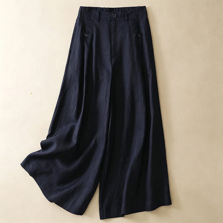 Buddha Stones Summer Casual Elegant Button-Up Solid Cotton Ramie Ankle Pants Women's Wide Leg Pants With Pocket - MidnightBlue - US8-10, UK/AU12-14, EU40-42 (2XL) - image 7