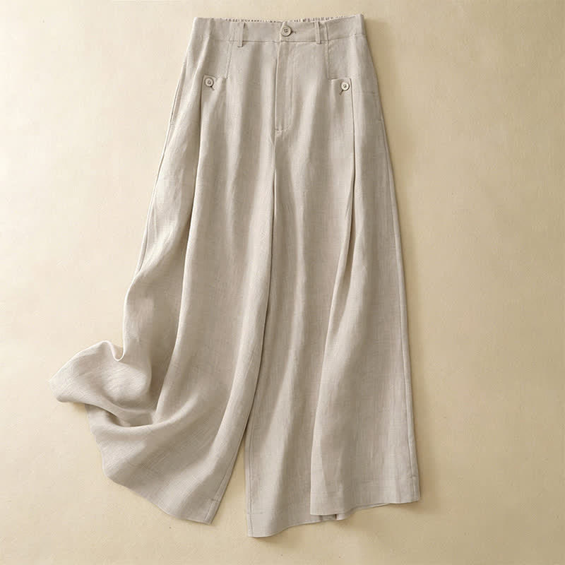 Buddha Stones Summer Casual Elegant Button-Up Solid Cotton Ramie Ankle Pants Women's Wide Leg Pants With Pocket - image 1