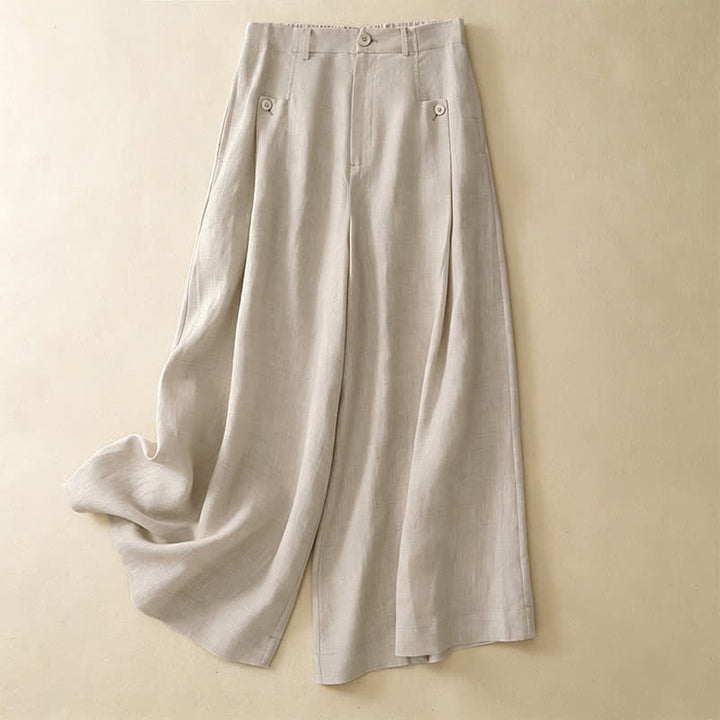 Buddha Stones Summer Casual Elegant Button-Up Solid Cotton Ramie Ankle Pants Women's Wide Leg Pants With Pocket - image 1