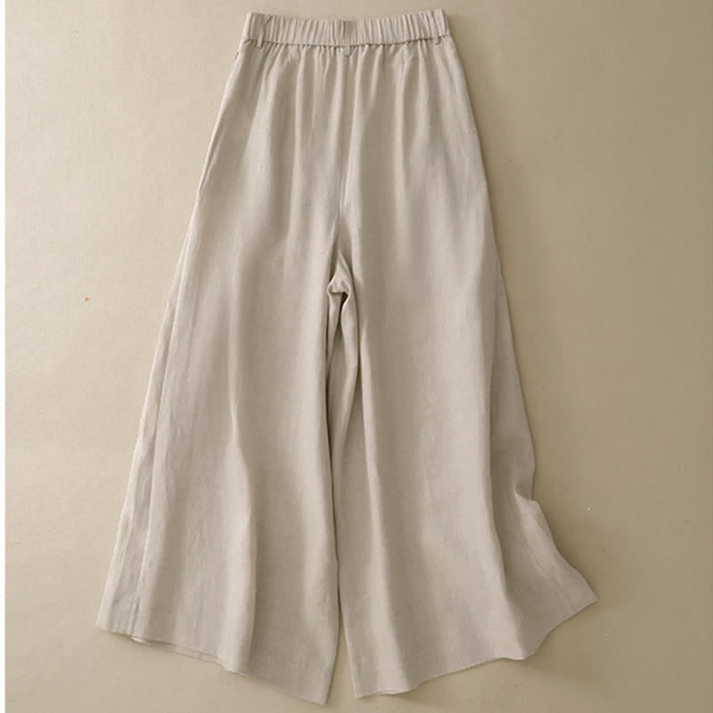 Buddha Stones Summer Casual Elegant Button-Up Solid Cotton Ramie Ankle Pants Women's Wide Leg Pants With Pocket - Beige - US8-10, UK/AU12-14, EU40-42 (2XL) - image 0