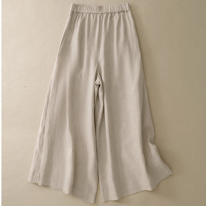 Buddha Stones Summer Casual Elegant Button-Up Solid Cotton Ramie Ankle Pants Women's Wide Leg Pants With Pocket - Beige - US8-10, UK/AU12-14, EU40-42 (2XL) - image 0