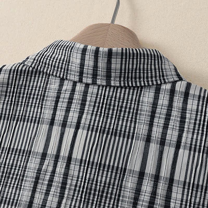 Buddha Stones Summer Casual Vintage Button-Up Plaid Women's Short Sleeve Dresses - image 3