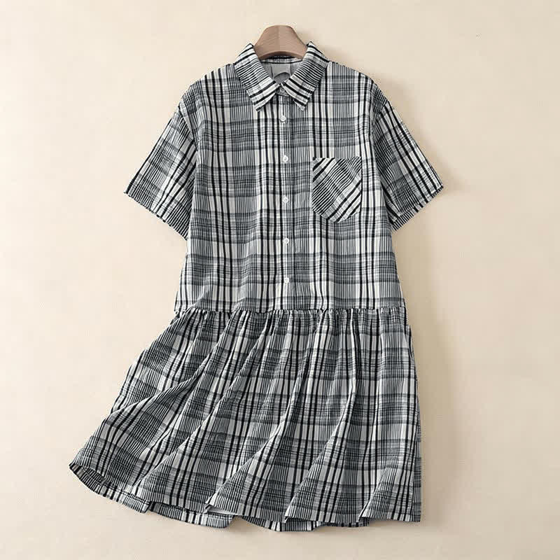 Buddha Stones Summer Casual Vintage Button-Up Plaid Women's Short Sleeve Dresses - LightGray - US12, UK/AU16, EU44 (2XL) - image 0