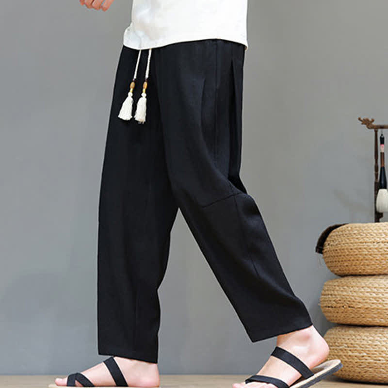 Buddha Stones Summer Casual Minimalist Drawstring Solid Ankle Pants Men's Straight Leg Pants With Pocket - Black - US/UK/AU46, EU56 (5XL) - image 20