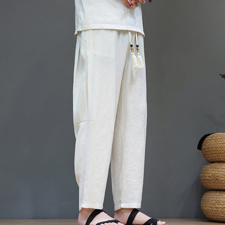 Buddha Stones Summer Casual Minimalist Drawstring Solid Ankle Pants Men's Straight Leg Pants With Pocket - FloralWhite - US/UK/AU46, EU56 (5XL) - image 9