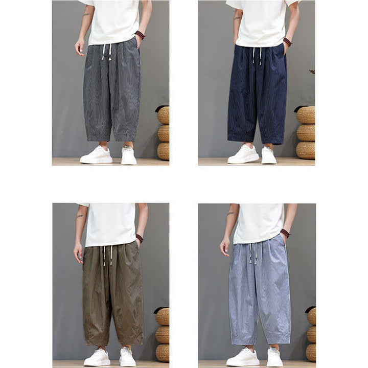 Buddha Stones Summer Casual Drawstring Striped Linen Capri Pants Men's Harem Pants With Pocket - image 43