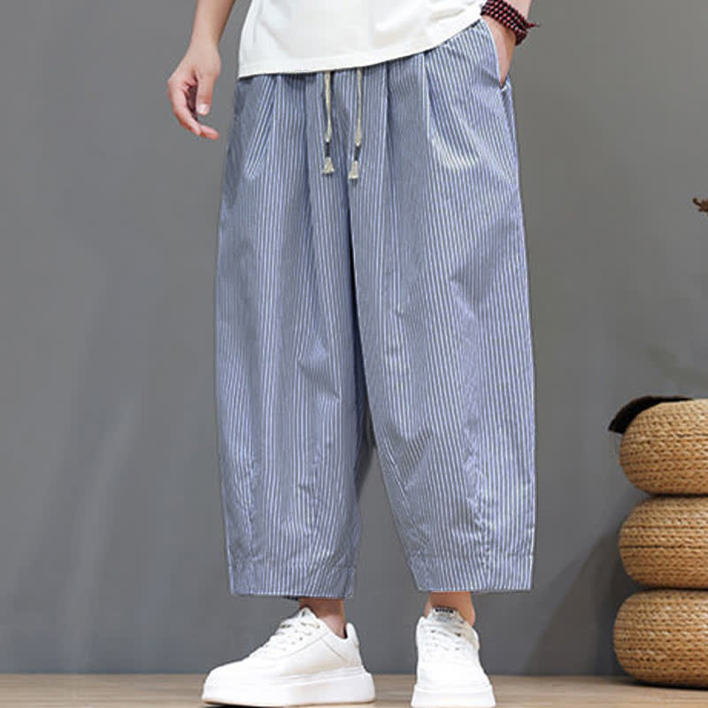 Buddha Stones Summer Casual Drawstring Striped Linen Capri Pants Men's Harem Pants With Pocket - image 9