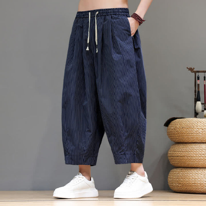 Buddha Stones Summer Casual Drawstring Striped Linen Capri Pants Men's Harem Pants With Pocket - image 14
