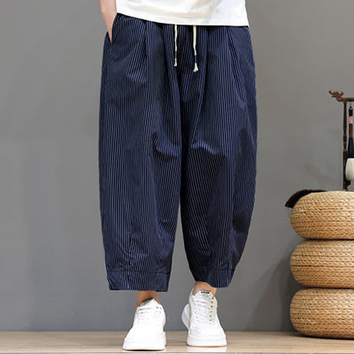 Buddha Stones Summer Casual Drawstring Striped Linen Capri Pants Men's Harem Pants With Pocket - image 11