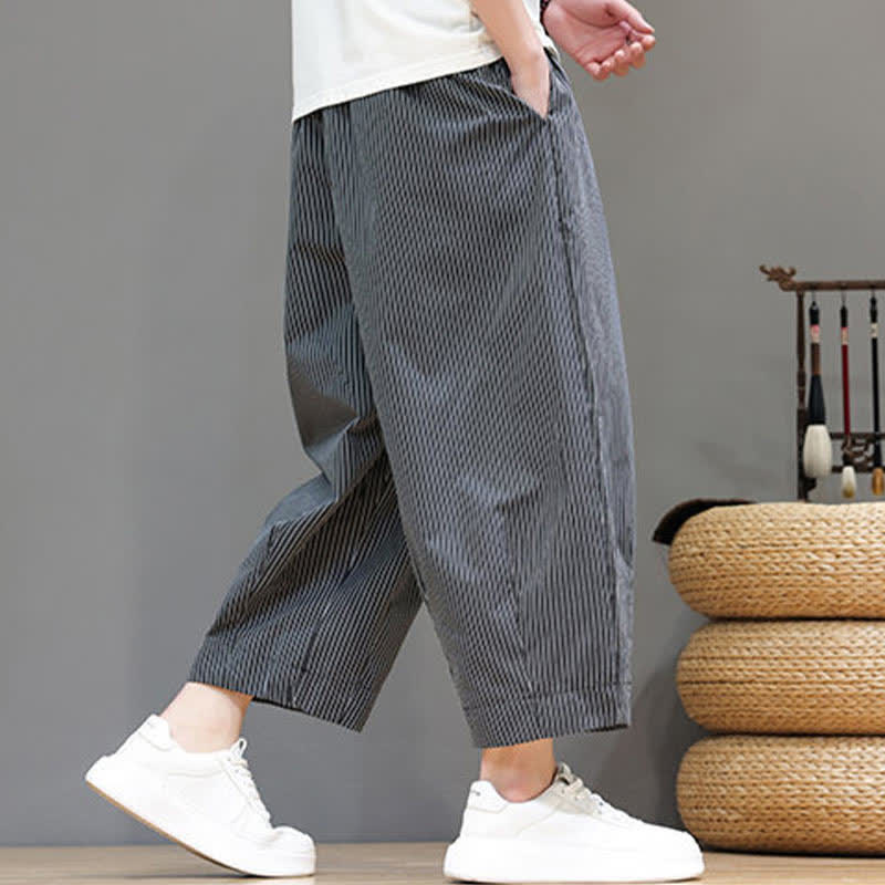Buddha Stones Summer Casual Drawstring Striped Linen Capri Pants Men's Harem Pants With Pocket - image 38