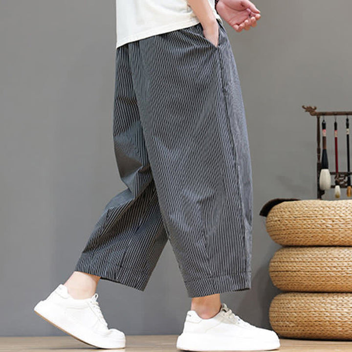Buddha Stones Summer Casual Drawstring Striped Linen Capri Pants Men's Harem Pants With Pocket - image 38