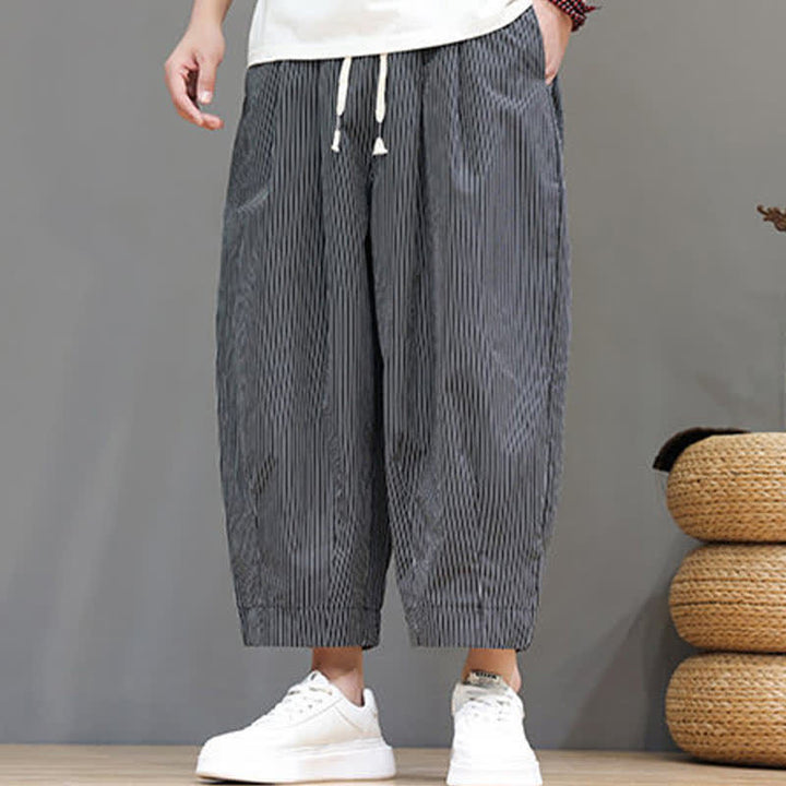 Buddha Stones Summer Casual Drawstring Striped Linen Capri Pants Men's Harem Pants With Pocket - image 36